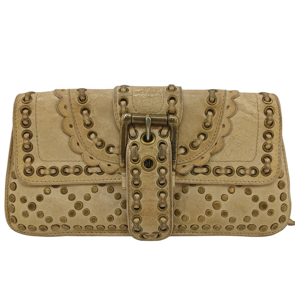 Isabella Fiore Beige Studded Leather Clutch Purse Boho Western Buckle Bag VTG - Picture 1 of 16